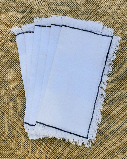 Set 6 Servilletas Lino Blanco Borde Azul