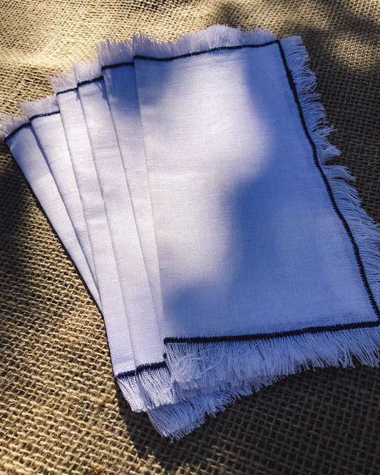 Set 6 Servilletas Lino Blanco Borde Azul